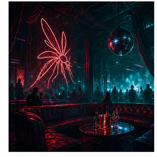 MojitoSquito nightclub with red booths, teal haze, and a neon mosquito sign